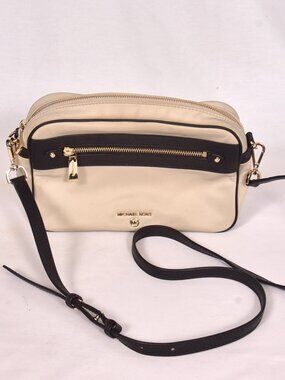 Michael Kors Crossbody Bag Tan Black Nylon Leather Trim Gold Hardware Small Purs